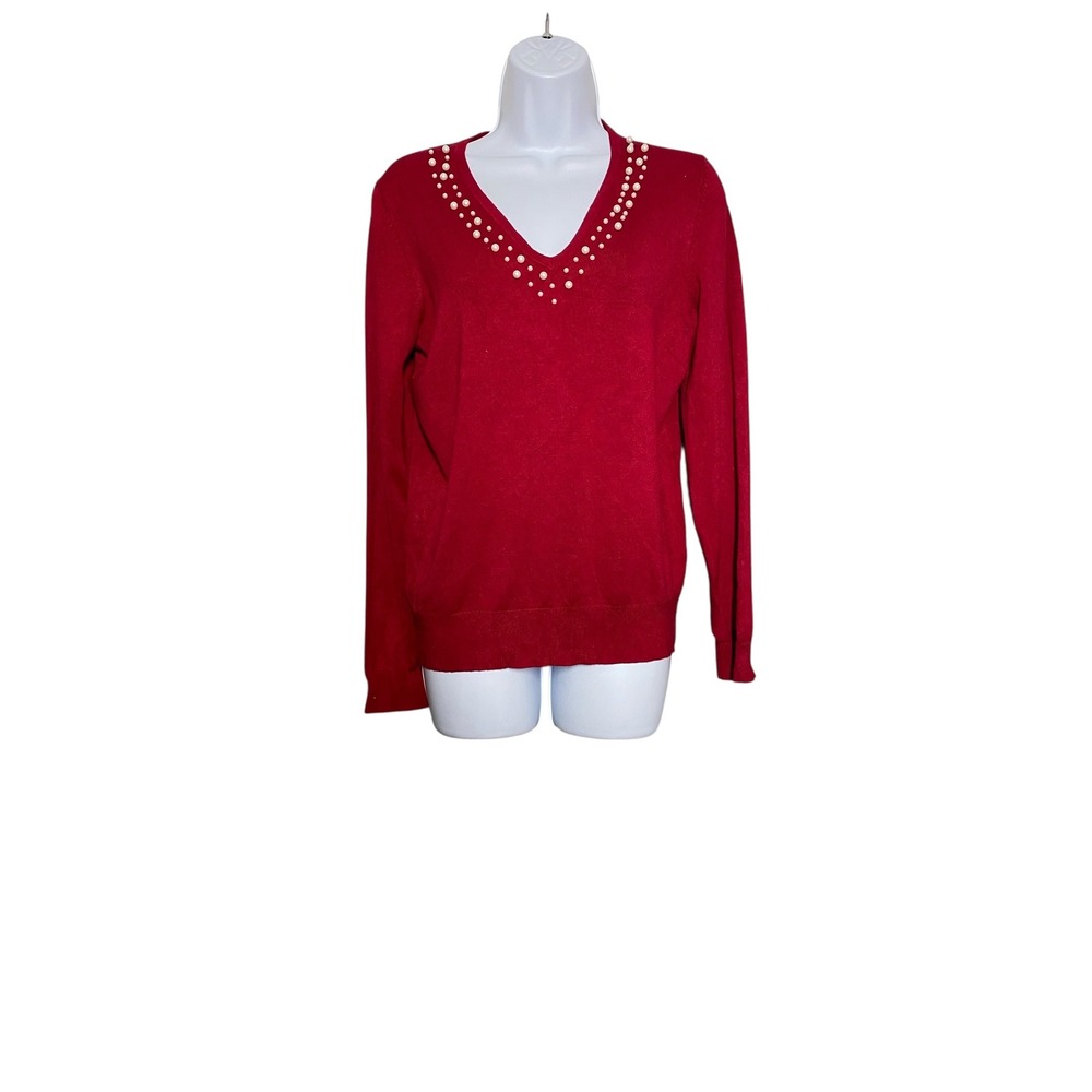Jeanne Pierre Red Sweater Medium‎ V Neck Long Sleeve Pearl Accent Knit Top